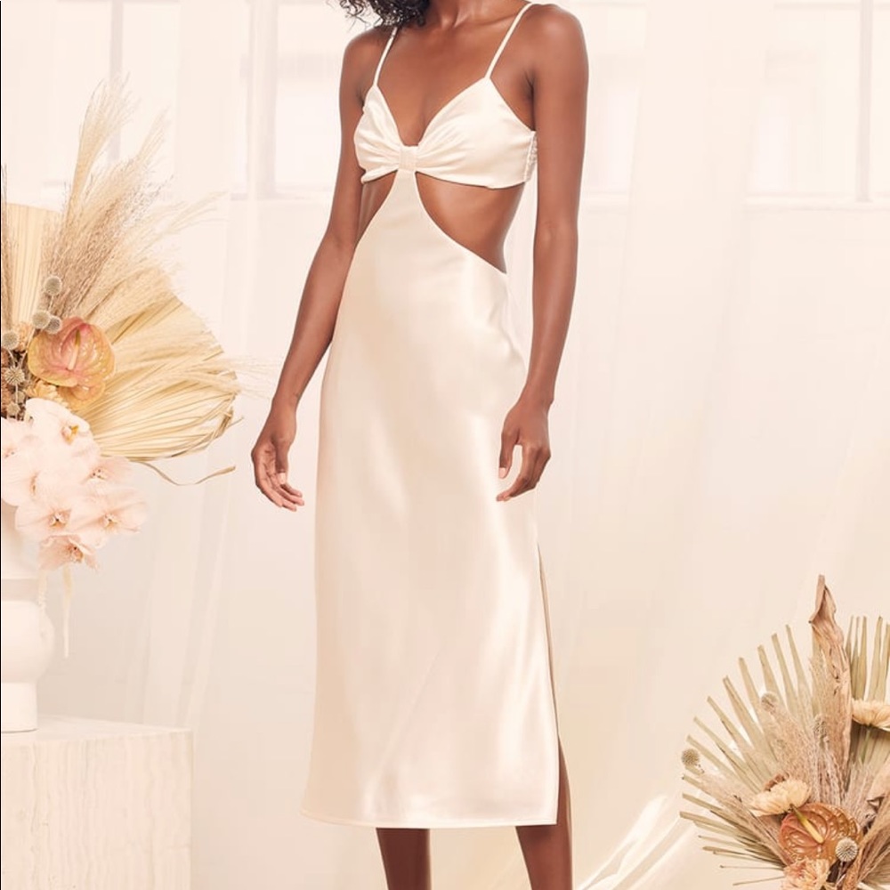 LULUS Need My Love ChampagneSatinCutout MidiDress